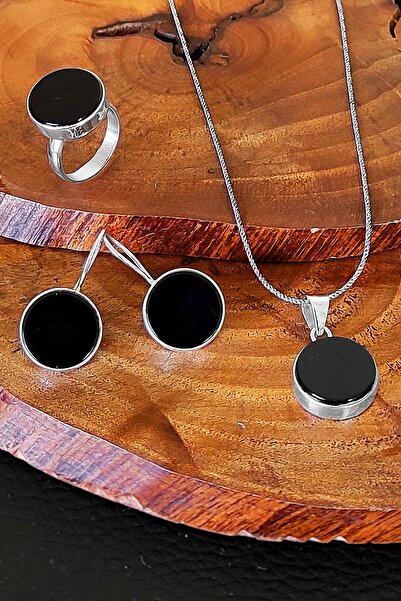 Aykat Yuvarlak Siyah Oniks Taşlı 925 Ayar Gümüş Set Kadın Yüzük Küpe Kolye Se...