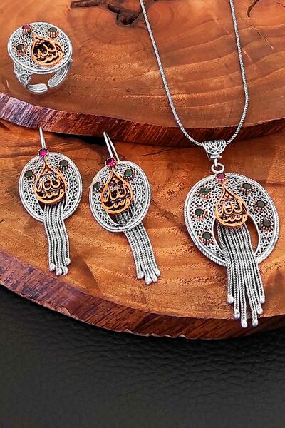 Aykat Allah Yazılı Otantik Telkari Gümüş Set Püsküllü Kadın Takım Yüzük Küpe ...