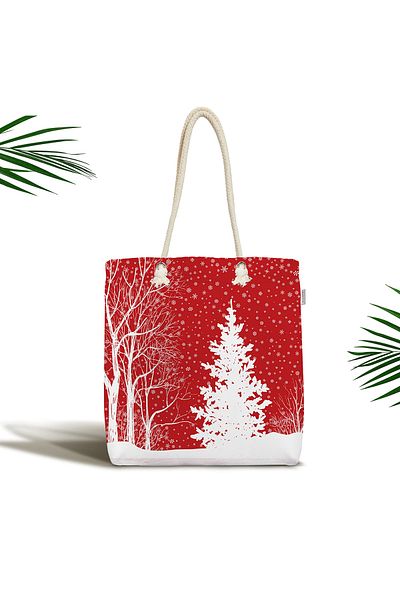 Realhomes Red Colored Christmas Themed Modern Zippered Fabric Shoulder Bag with Pine Tree Design