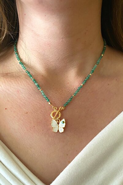 Suerte Accessories Yeşim Doğal Taşlı Gold Gemici Kilit Motifli Kelebek Uçlu E...