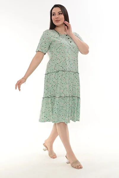 STELLETO Floral Patterned Double Ruffle Green Modal Dress
