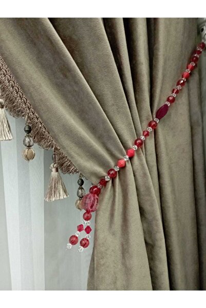 Üçbey Boncuklu Perde Braçolu Bordo Perde Bağlaması Kolbağı