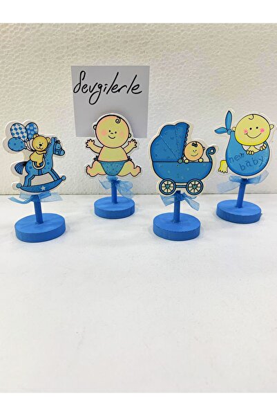 Nikah Şekeri Market Blue Babies Wooden Note Holder with Latch 4 Pieces - Baby...