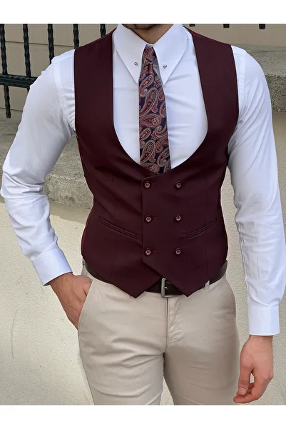 NAZEF Slim Fit Double Breasted Claret Red Vest