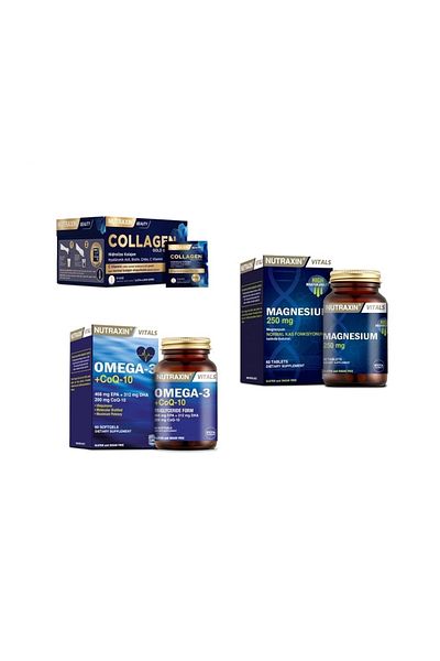 Nutraxin Collagen Sachet 30 - 10000 Mg Omega 3 + (Coenzyme) 60 Capsules and Magnesium 60 Tablets