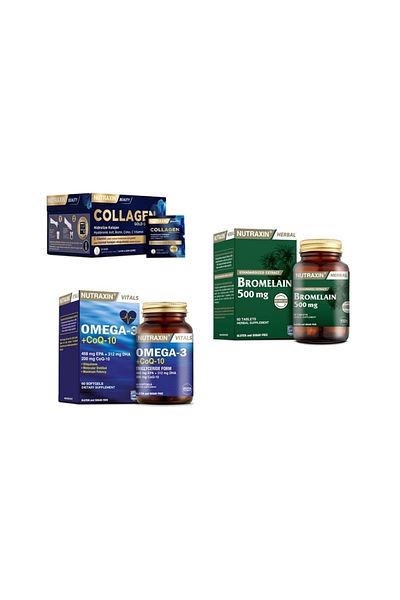Nutraxin Collagen Sachet 30 - 10000 Mg Omega 3 + Coq-10 (Coenzyme) 60 Capsules + Bromelain 60 Capsules