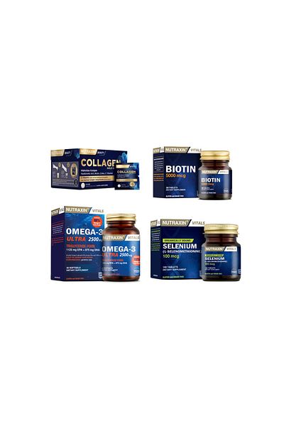 Nutraxin Collagen 30 Sachet - 10000MgOmega 3Ultra+ 2500MgBiotin 30 Tablets + Selenium 100 Tablets