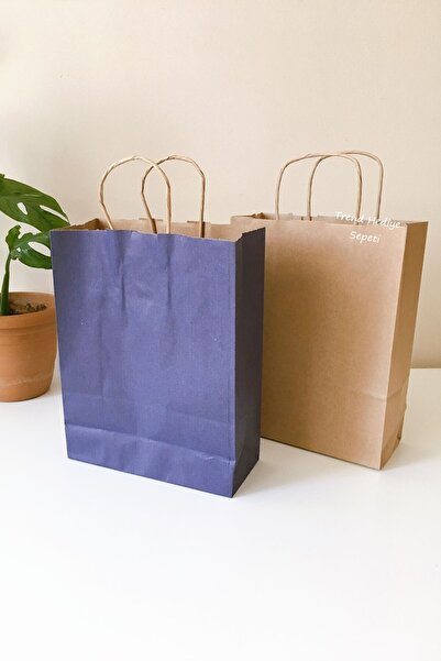 Trend Hediye Sepeti Naturel Büküm Saplı Lacivert Kraft Karton Çanta 4 Adet 18x8x24 2 Renk