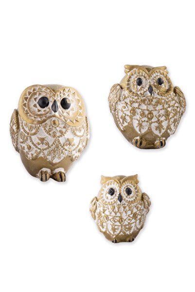 Reynes Baykuş Heykel Dekor Set 3'lü Set Biblo Dekoratif Kuş Obje