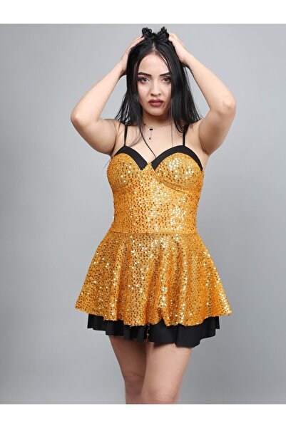 KAYAHAN COLLECTION Payetli Sırtı Bağcıklı Kloş Kadın Mini Elbise