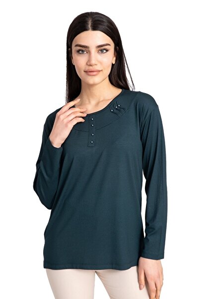 Nacar Anneler Günü Kadın Likralı Yakası Sade Desenli Penye Bluz