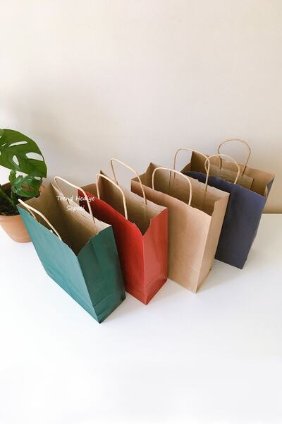 Trend Hediye Sepeti Naturel Büküm Saplı Yeşil Bordo Lacivert Kraft Karton Çanta 4 Adet 18x8x24 4 Renk