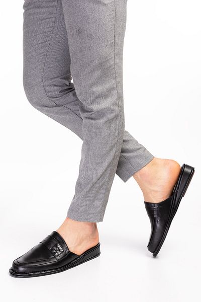Akgün Terlik Men's Black Genuine Leather House Slippers
