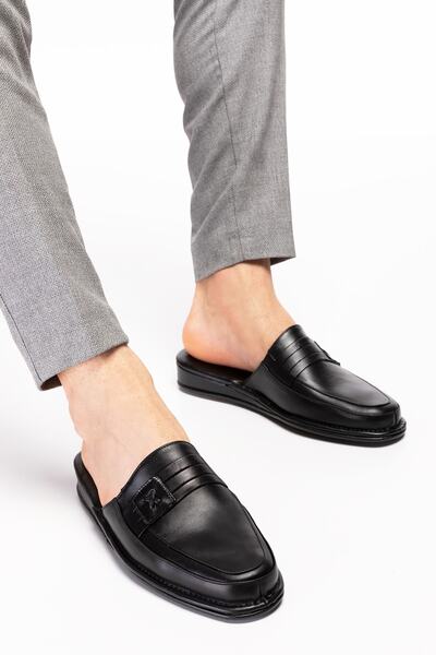 Akgün Terlik Чоловічі чорні домашні капці з натуральної шкіри