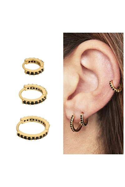 Bylin 925 Ayar Gümüş Siyah Taşlı, Altın Kaplama Halka Küpe - 1 adet