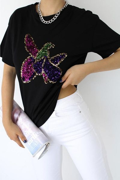 FEMELLE Tricou din bumbac de cusut cu paiete cu flori Harıbulbul negru pentru femei