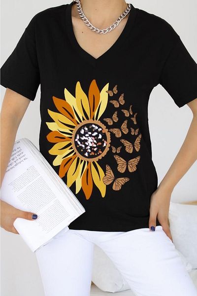 FEMELLE Tricou din bumbac brodat cu decolteu în V Daisy Butterfly Paiete