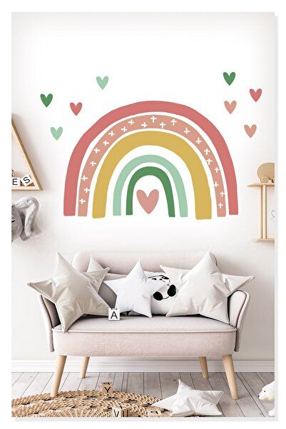 Sticker Sepetim Pink and Green Soft Colored Hearts and Rainbow Kids Room Wall...