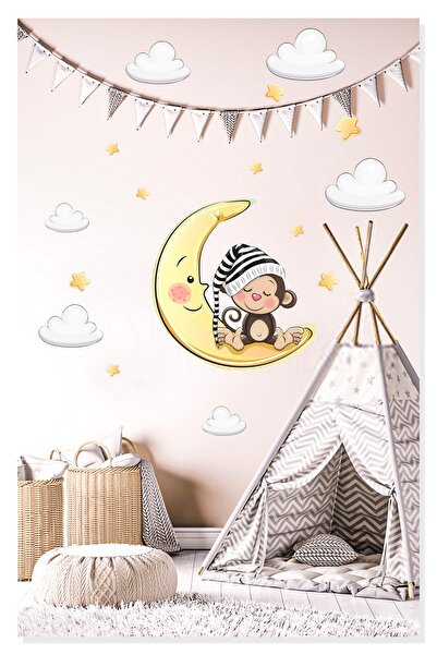 Sticker Sepetim Солодкий мавпеня, що спить на місяці, зірки та хмари, настінн...