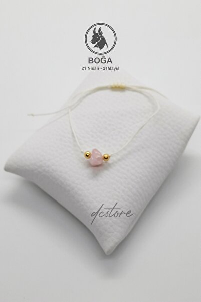 Dcstore Burç Taşı Doğal Taş Boğa Burcu Pembe Kuvars Bileklik Beyazrenk Makrom...