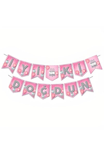 DÜVENCİ TİCARET Banner Zigzag Offset Roz Argintiu La mulți ani M382