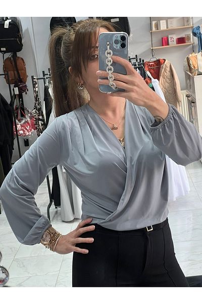 WellWay Γκρι Sandy Fabric - Μπλούζα με διπλό στήθος