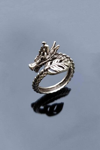 TREND COLLECTİON Antik Gümüş Kaplama Ejderha Model Ayarlanabilir Unisex Yüzük