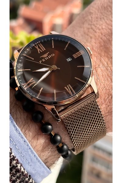 FERRO Steel Mesh Cord Rose Color Men's Wristwatch + Bracelet