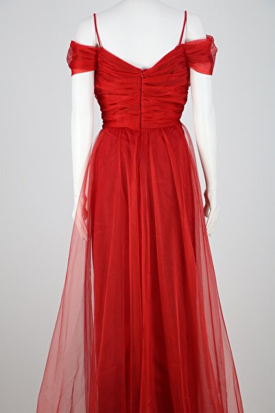 hepyen Kırmızı Büzgülü Tül Etek Askılı Uzun Elbise