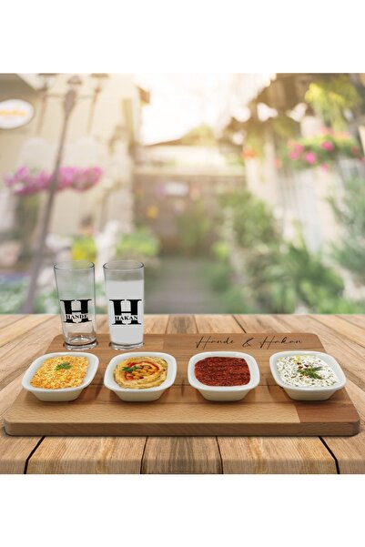 Bk Gift Kişiye Özel Isimli 2’li Rakı Bardağı Ve Meze Tabaklı Doğal Masif Ahşa...