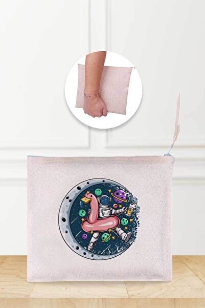 Gizeo Concept Ленена чантичка за грим с шарка на астронавт Фламинго