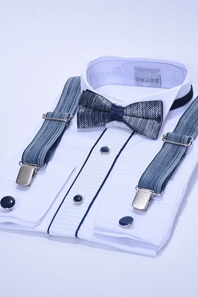 ceocuk Cămașă albă cu butoni și set de papion cu bretele cu model din denim