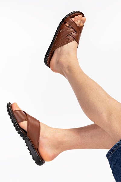 Akgün Terlik Men's Tan Genuine Leather Comfort Sole Slippers