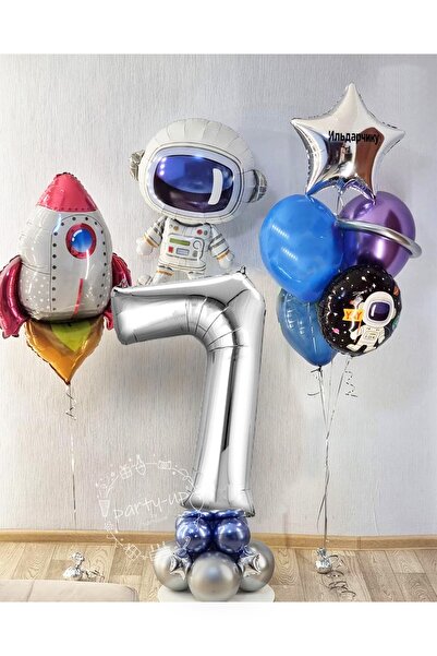 PARTİAVM Astronaut Rocket Space Themed 7 Years 100cm Silver Number Balloon Set
