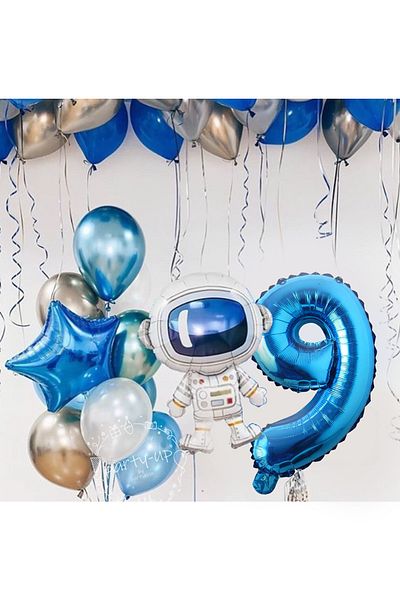 PARTİAVM Astronaut Rocket Space Themed 9 Years Old 100cm Blue Numeral Balloon Set