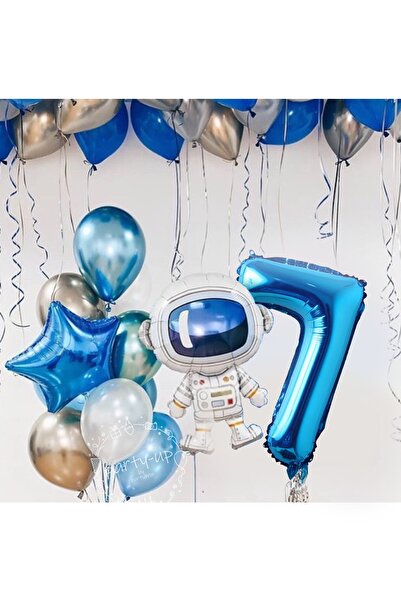 PARTİAVM Astronot Roket Uzay Temalı 7 Yaş 100cm Mavi Rakamlı Balon Seti
