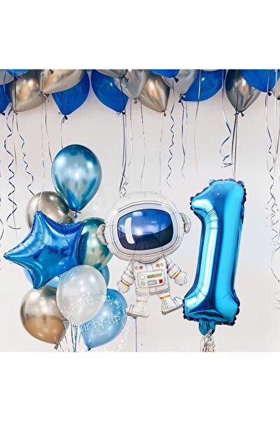 PARTİAVM Astronot Roket Uzay Temalı 1 Yaş 100cm Mavi Rakamlı Balon Seti
