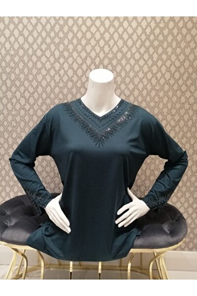 Nacar Dantel Desenli Taşlı Likralı Normal Kesim Uzun Kol Yazlık Baharlık Kadı...