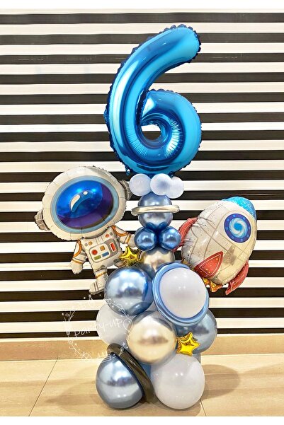 PARTİAVM Astronot Roket Uzay Temalı 6 Yaş Mavi Rakamlı Balon Seti