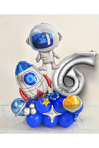 PARTİAVM Astronaut Rocket Space Themed Welcome Set with Silver Number Balloons