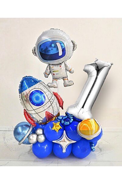 PARTİAVM Astronot Roket Uzay Temalı Gümüş Rakam Balonlu Karşılama Seti