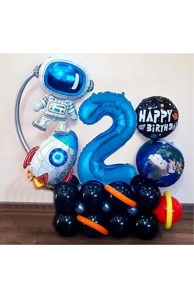 PARTİAVM Astronaut Rocket Space Themed Welcome Set with Large Blue Number Balloons