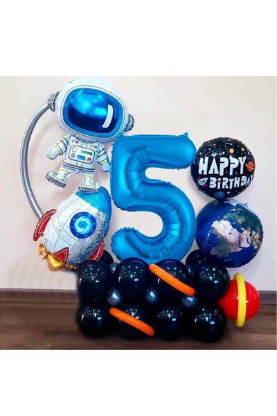 PARTİAVM Astronot Roket Uzay Temalı Büyük Mavi Rakam Balonlu Karşılama Seti