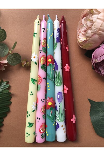 Elif Design 5 Li Şamdan Mum El Yapımı Çizimi Doğal Desenli Konik Mum Seti