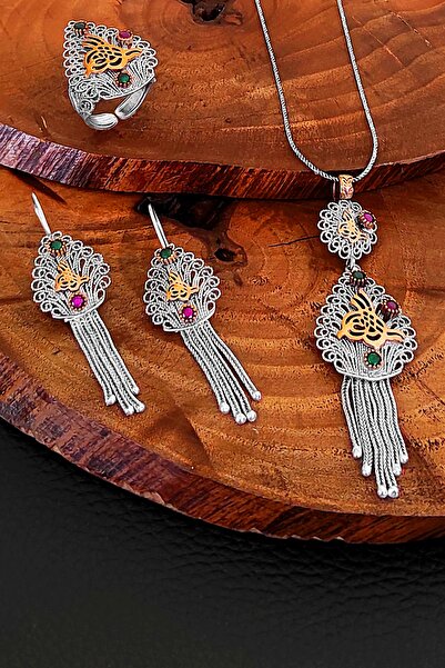 Aykat Tuğralı Kök Yakut Taşlı Püsküllü Otantik Telkari Gümüş Set Yüzük Küpe K...