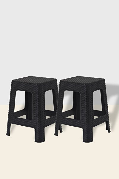 Tuffex Rattan Çok Amaçlı 2'li Siyah Büyük Tabure 45 Cm