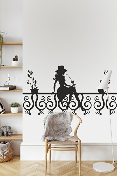 Sticker Sepetim Kadın Balkon Çiçekler Silüet Dekoratif Çok Amaçlı Duvar Stick...