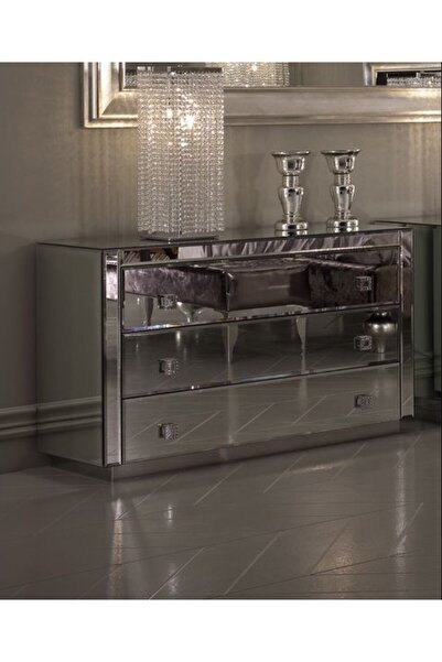 LUXURY VİLLA Füme Aynalı 3Çekmeceli Şifonyer&Makyaj Masası En100 Cm Derinlik4...