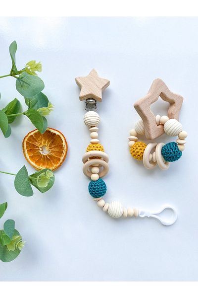 Le Petite Histoire Natural Wood Pacifier Chain - Pacifier Hanger - Teether Set