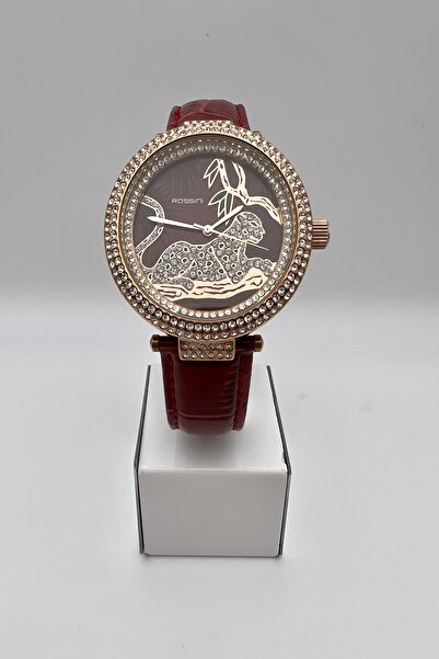 Rossini Kırmızı Kordon Rose Gold Kasa Leopar Desenli Taşlı Kadın Kol Saati